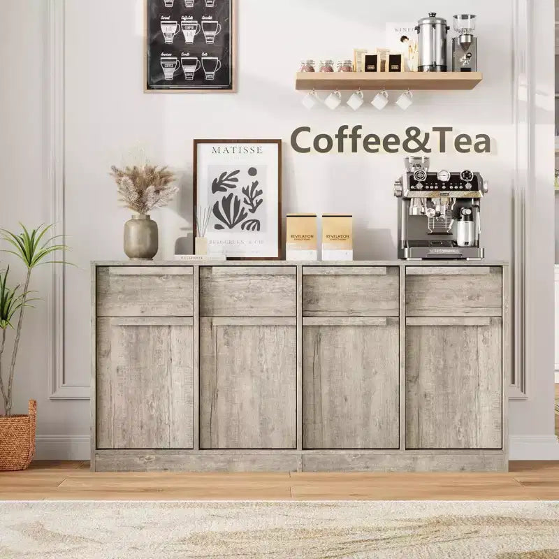 Grand meuble de café de 158,5 cm avec rangement, buffet de cuisine avec 4 tiroirs et 4 portes, table de buffet moderne pour la cuisine