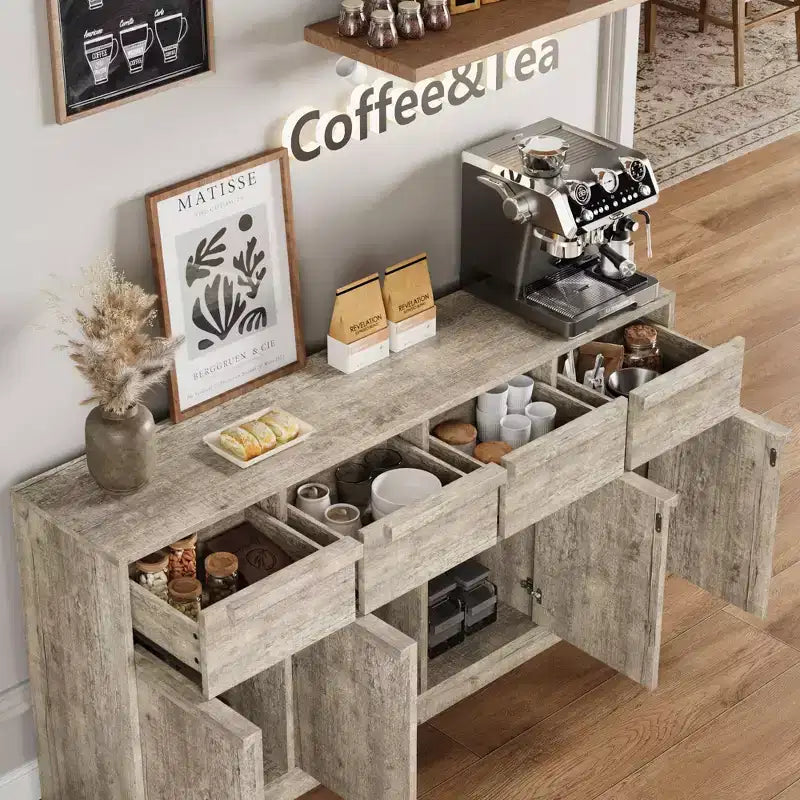 Grand meuble de café de 158,5 cm avec rangement, buffet de cuisine avec 4 tiroirs et 4 portes, table de buffet moderne pour la cuisine