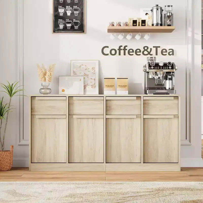 Grand meuble de café de 158,5 cm avec rangement, buffet de cuisine avec 4 tiroirs et 4 portes, table de buffet moderne pour la cuisine