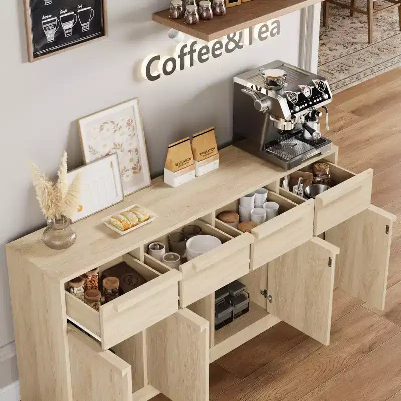 Grand meuble de café de 158,5 cm avec rangement, buffet de cuisine avec 4 tiroirs et 4 portes, table de buffet moderne pour la cuisine