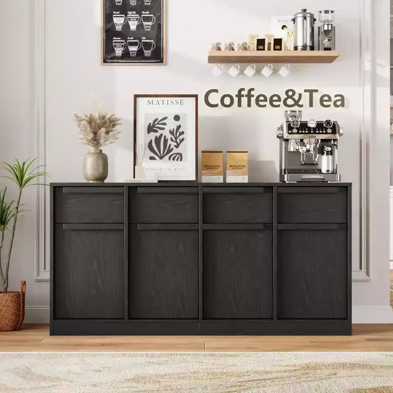Grand meuble de café de 158,5 cm avec rangement, buffet de cuisine avec 4 tiroirs et 4 portes, table de buffet moderne pour la cuisine