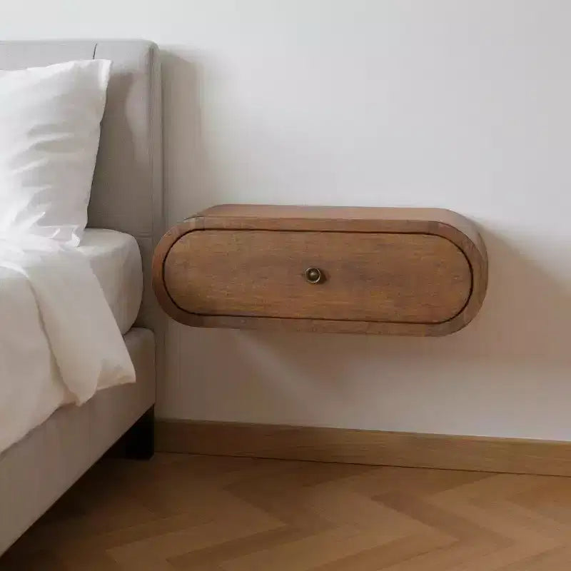Table de chevet flottante ovale à un tiroir en bois massif de châtaignier 18