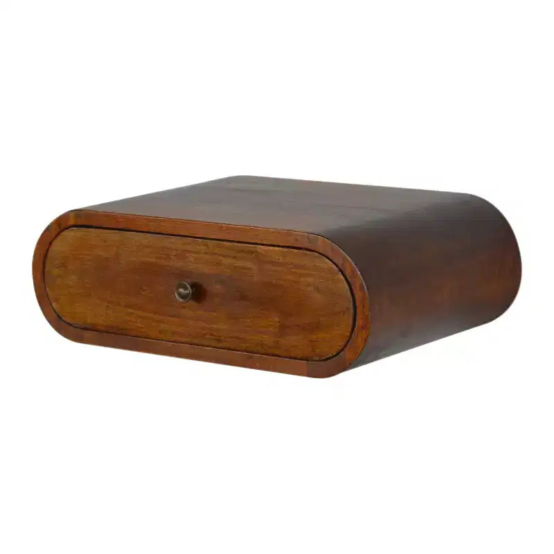 Table de chevet flottante ovale à un tiroir en bois massif de châtaignier 18