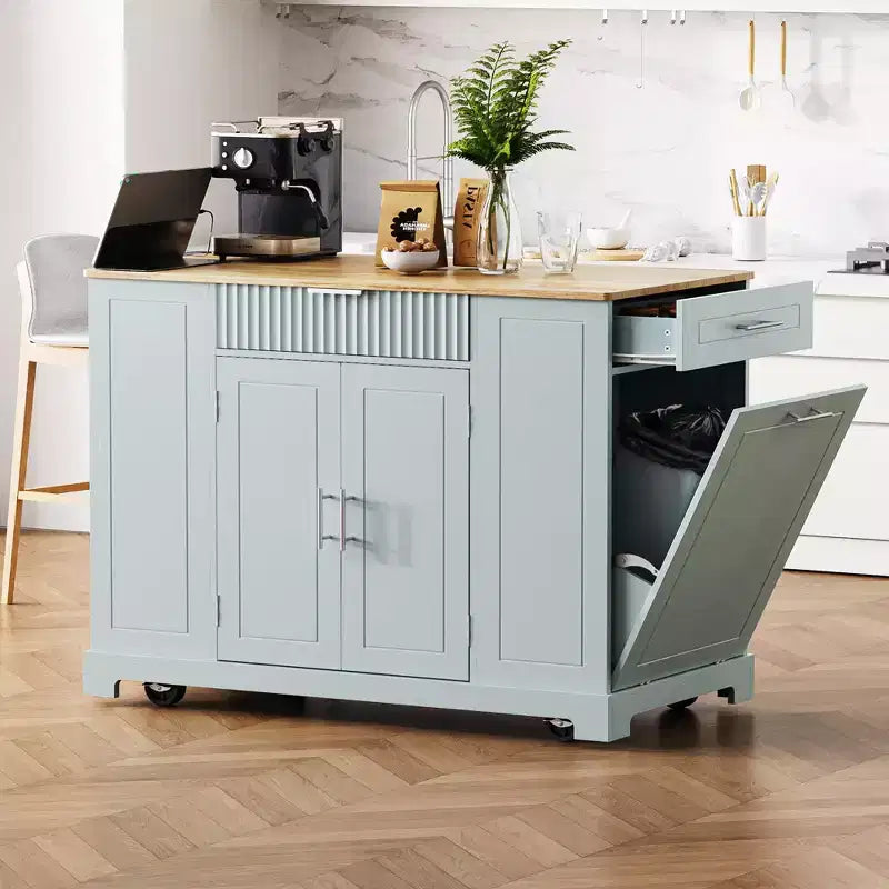 Ilot de cuisine cannelé avec meuble poubelle, organiseur de comptoir avec étagère de rangement interne et prise de courant, chariot de cuisine à 5 roues