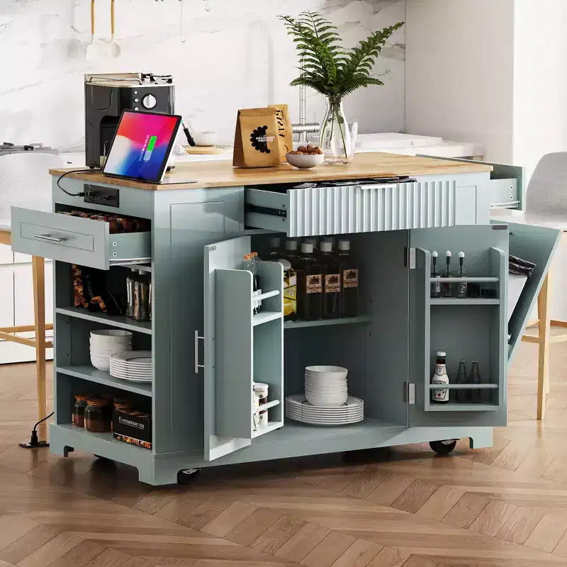 Ilot de cuisine cannelé avec meuble poubelle, organiseur de comptoir avec étagère de rangement interne et prise de courant, chariot de cuisine à 5 roues