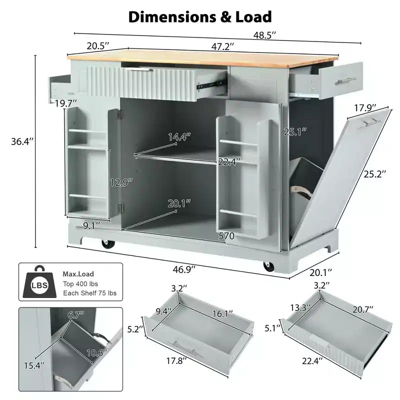 Ilot de cuisine cannelé avec meuble poubelle, organiseur de comptoir avec étagère de rangement interne et prise de courant, chariot de cuisine à 5 roues