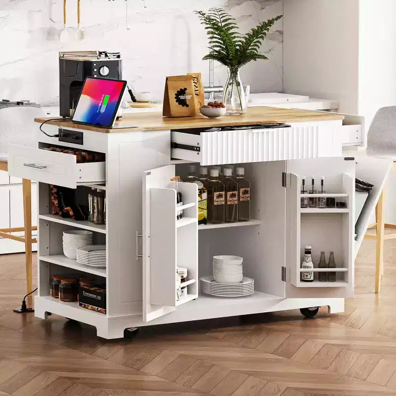Ilot de cuisine cannelé avec meuble poubelle, organiseur de comptoir avec étagère de rangement interne et prise de courant, chariot de cuisine à 5 roues