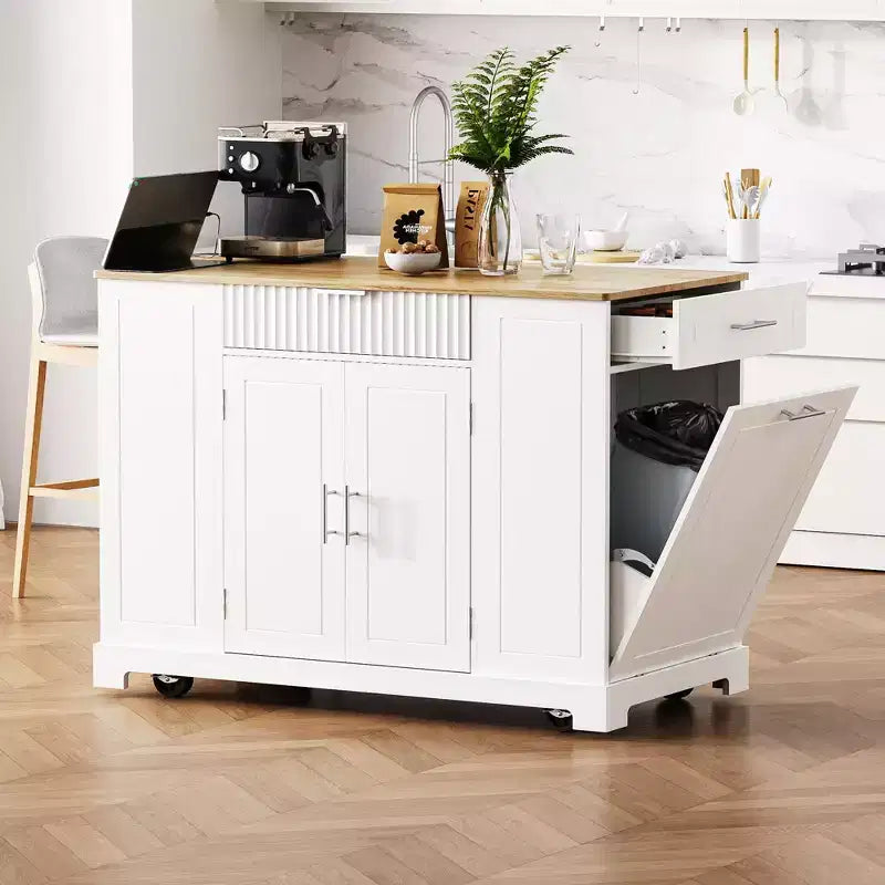 Ilot de cuisine cannelé avec meuble poubelle, organiseur de comptoir avec étagère de rangement interne et prise de courant, chariot de cuisine à 5 roues