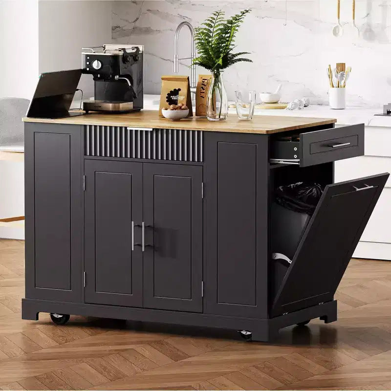 Ilot de cuisine cannelé avec meuble poubelle, organiseur de comptoir avec étagère de rangement interne et prise de courant, chariot de cuisine à 5 roues