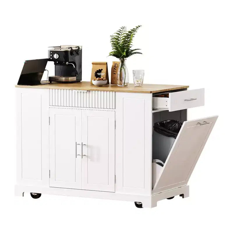 Ilot de cuisine cannelé avec meuble poubelle, organiseur de comptoir avec étagère de rangement interne et prise de courant, chariot de cuisine à 5 roues