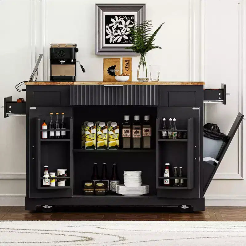 Ilot de cuisine cannelé avec meuble poubelle, organiseur de comptoir avec étagère de rangement interne et prise de courant, chariot de cuisine à 5 roues