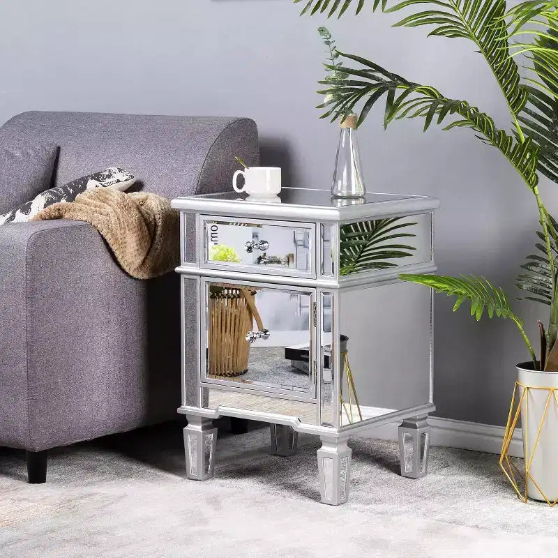 Table de chevet moderne avec miroir, 1 tiroir et 1 porte de rangement pour chambre à coucher, argent
