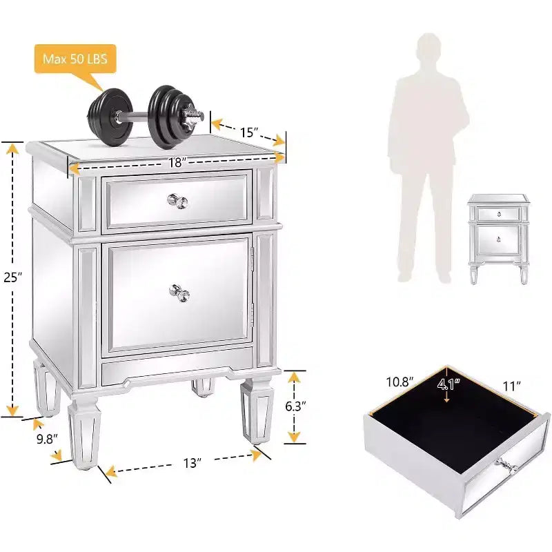 Table de chevet moderne avec miroir, 1 tiroir et 1 porte de rangement pour chambre à coucher, argent