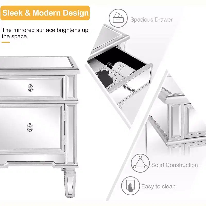 Table de chevet moderne avec miroir, 1 tiroir et 1 porte de rangement pour chambre à coucher, argent