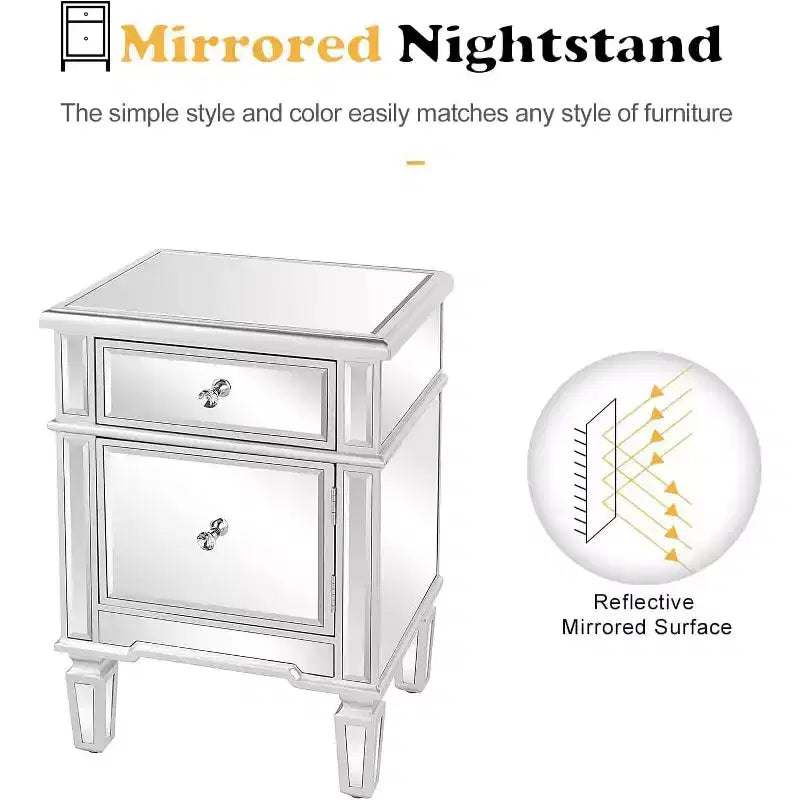 Table de chevet moderne avec miroir, 1 tiroir et 1 porte de rangement pour chambre à coucher, argent