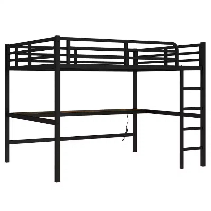 Lit mezzanine double en métal avec bureau, ports USB, prise électrique et lumières LED, design compact et silencieux, cadre robuste, noir