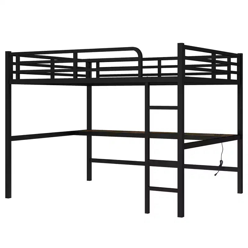 Lit mezzanine double en métal avec bureau, ports USB, prise électrique et lumières LED, design compact et silencieux, cadre robuste, noir