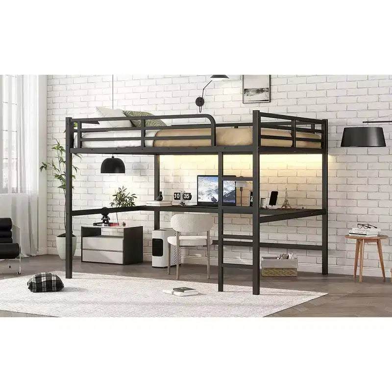 Lit mezzanine double en métal avec bureau, ports USB, prise électrique et lumières LED, design compact et silencieux, cadre robuste, noir