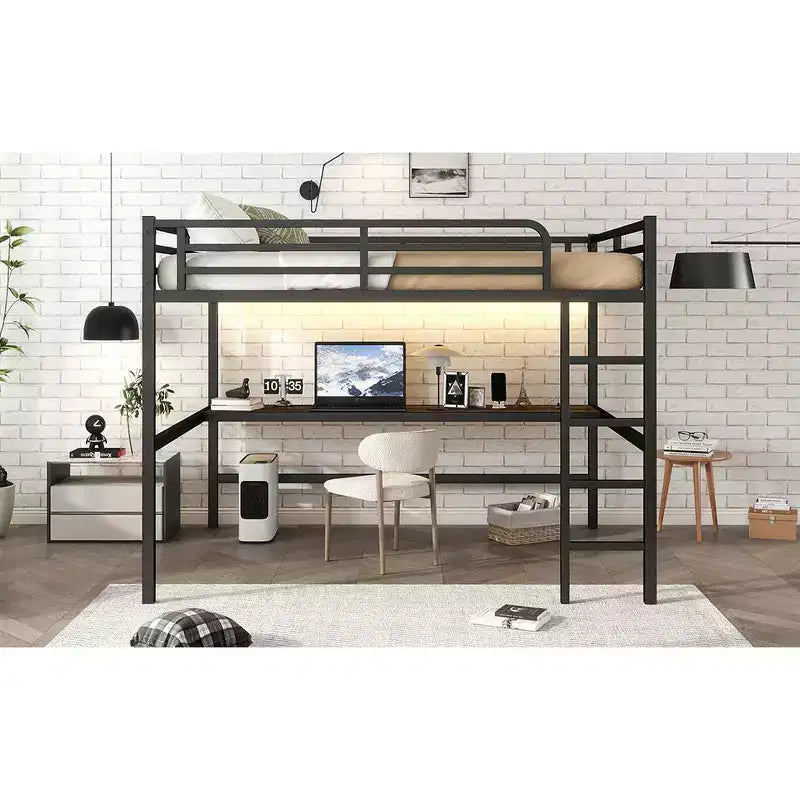 Lit mezzanine double en métal avec bureau, ports USB, prise électrique et lumières LED, design compact et silencieux, cadre robuste, noir