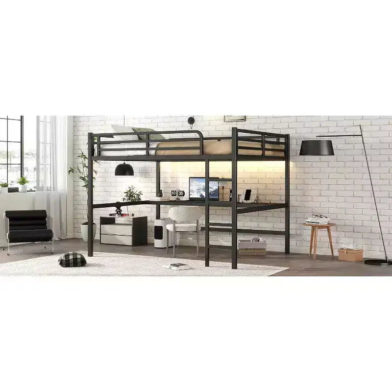 Lit mezzanine double en métal avec bureau, ports USB, prise électrique et lumières LED, design compact et silencieux, cadre robuste, noir