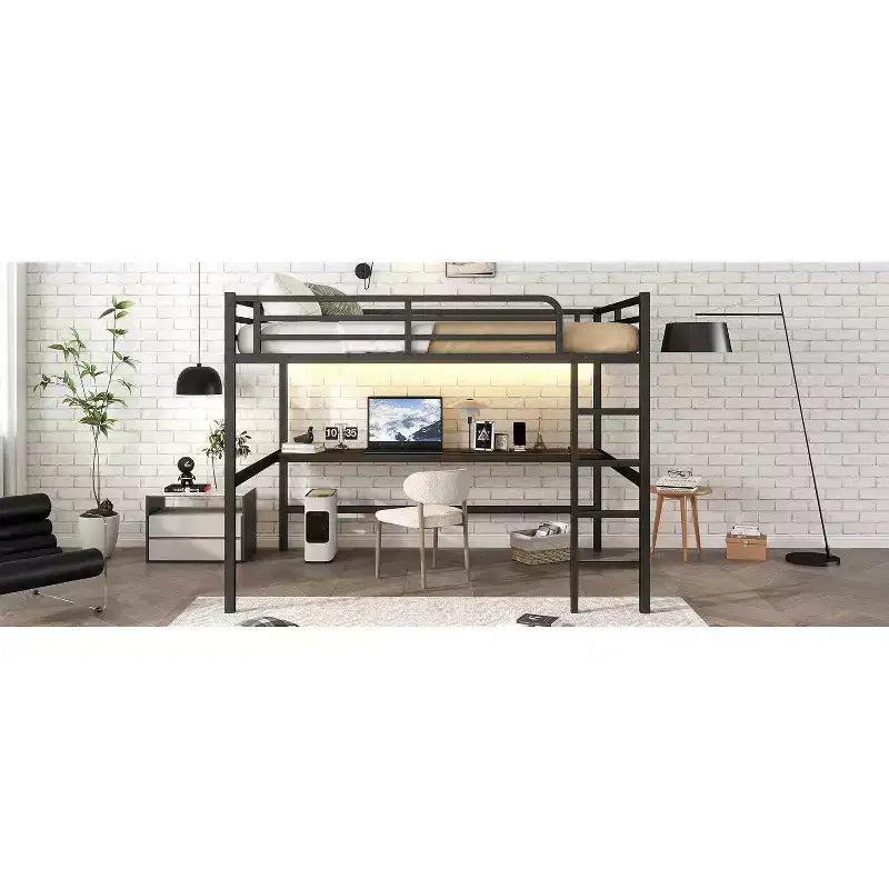 Lit mezzanine double en métal avec bureau, ports USB, prise électrique et lumières LED, design compact et silencieux, cadre robuste, noir