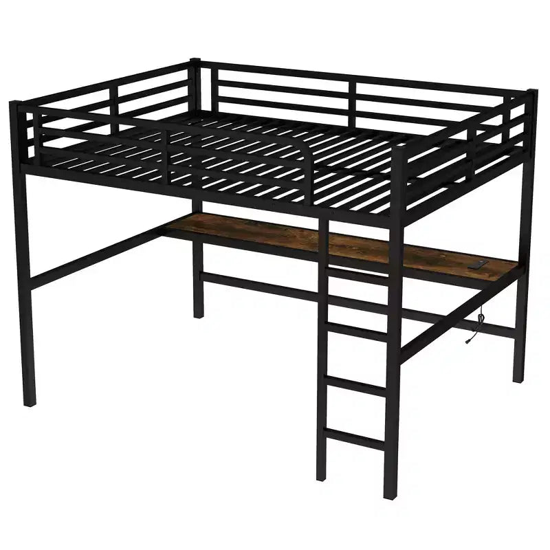 Lit mezzanine double en métal avec bureau, ports USB, prise électrique et lumières LED, design compact et silencieux, cadre robuste, noir