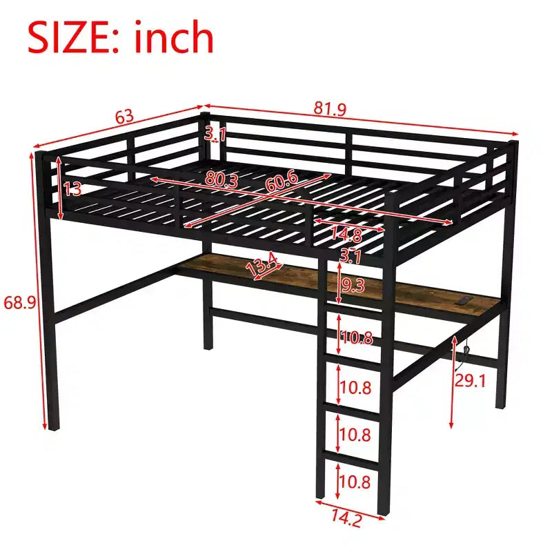 Lit mezzanine double en métal avec bureau, ports USB, prise électrique et lumières LED, design compact et silencieux, cadre robuste, noir