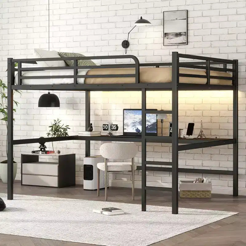 Lit mezzanine double en métal avec bureau, ports USB, prise électrique et lumières LED, design compact et silencieux, cadre robuste, noir