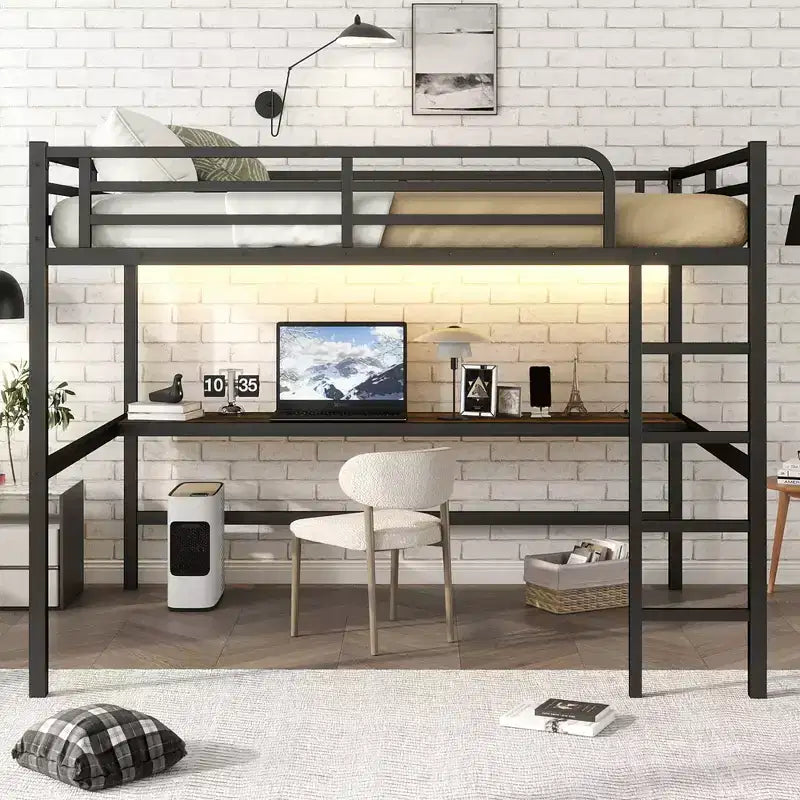 Lit mezzanine double en métal avec bureau, ports USB, prise électrique et lumières LED, design compact et silencieux, cadre robuste, noir