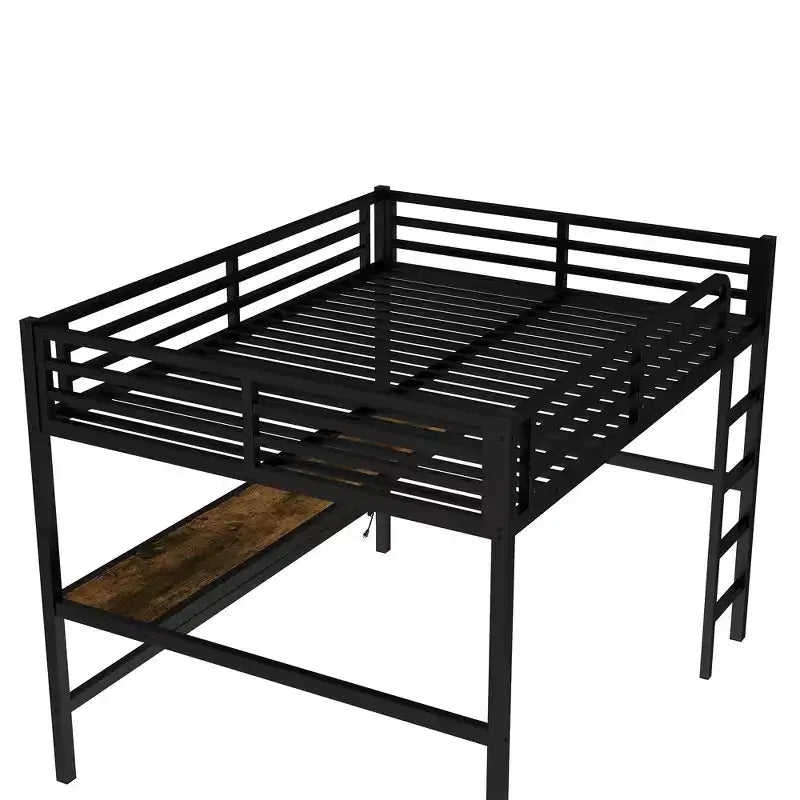 Lit mezzanine double en métal avec bureau, ports USB, prise électrique et lumières LED, design compact et silencieux, cadre robuste, noir