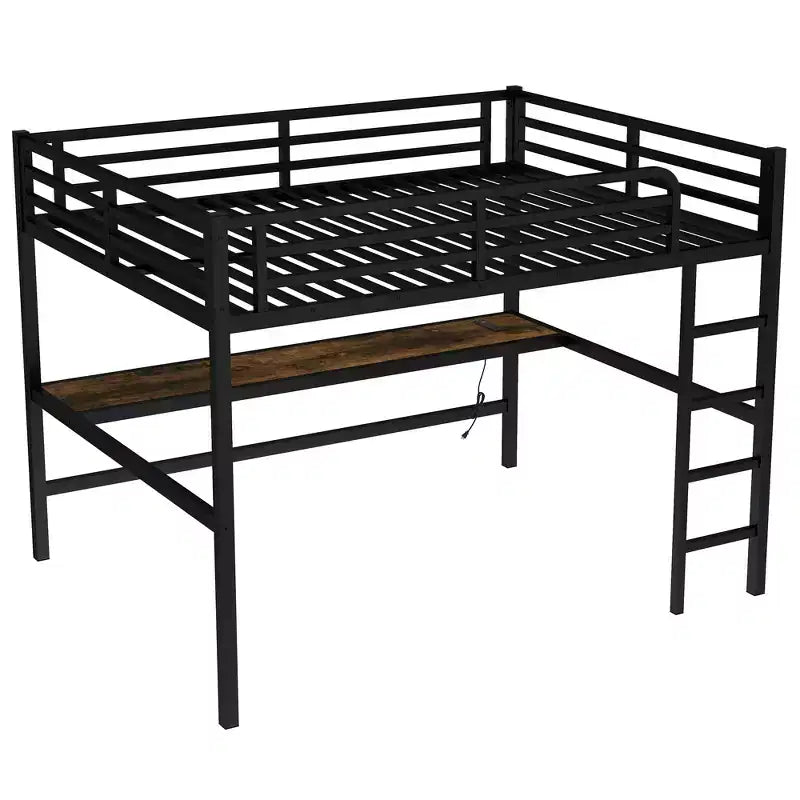 Lit mezzanine double en métal avec bureau, ports USB, prise électrique et lumières LED, design compact et silencieux, cadre robuste, noir