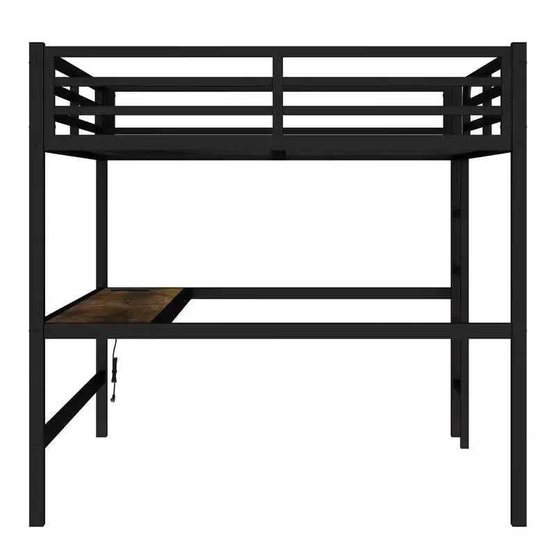 Lit mezzanine double en métal avec bureau, ports USB, prise électrique et lumières LED, design compact et silencieux, cadre robuste, noir