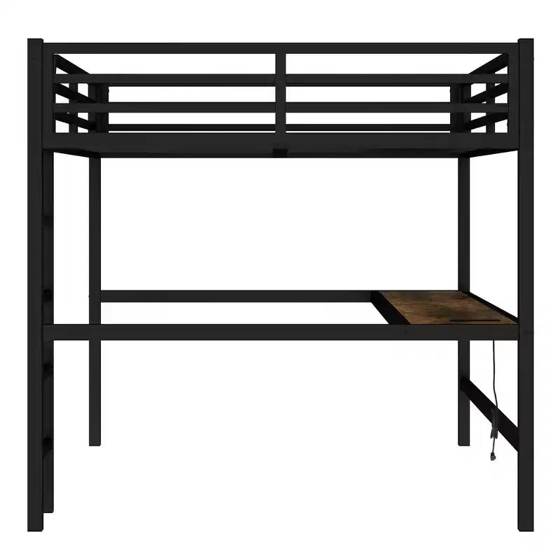 Lit mezzanine double en métal avec bureau, ports USB, prise électrique et lumières LED, design compact et silencieux, cadre robuste, noir