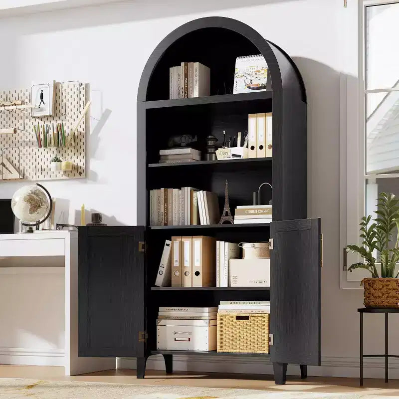 Bibliothèque arquée à 5 niveaux avec portes, étagère de présentation moderne et armoire de rangement pour bureau à domicile, salon ou bibliothèque