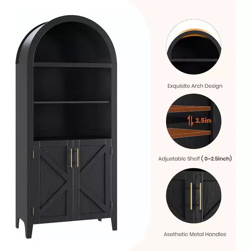 Bibliothèque arquée à 5 niveaux avec portes, étagère de présentation moderne et armoire de rangement pour bureau à domicile, salon ou bibliothèque