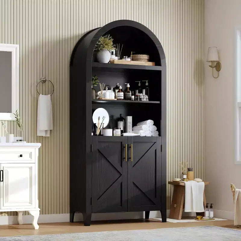 Bibliothèque arquée à 5 niveaux avec portes, étagère de présentation moderne et armoire de rangement pour bureau à domicile, salon ou bibliothèque