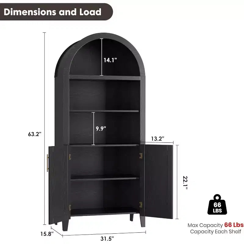 Bibliothèque arquée à 5 niveaux avec portes, étagère de présentation moderne et armoire de rangement pour bureau à domicile, salon ou bibliothèque