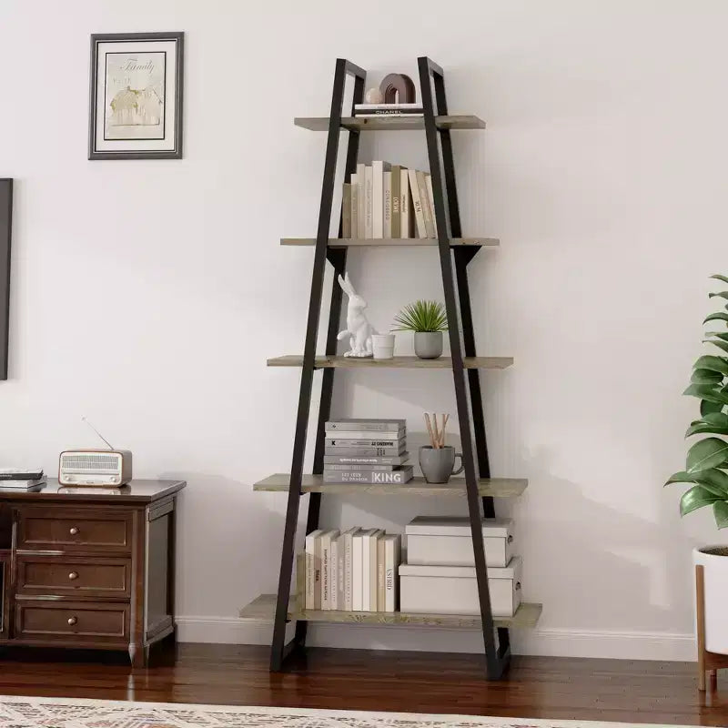 Étagère en forme de A à 5 niveaux, Bibliothèque en forme de A Étagère échelle industrielle Étagères ouvertes avec cadre métallique, Support pour plantes Salon, Bureau