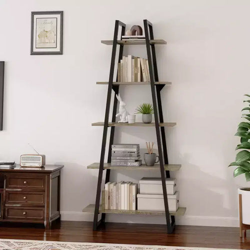 Étagère en forme de A à 5 niveaux, Bibliothèque en forme de A Étagère échelle industrielle Étagères ouvertes avec cadre métallique, Support pour plantes Salon, Bureau