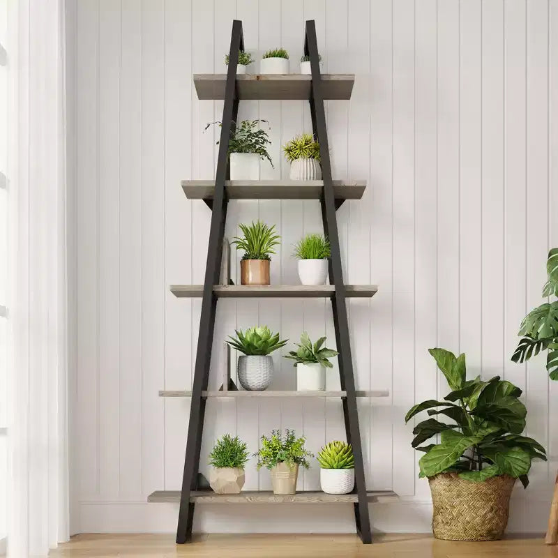Étagère en forme de A à 5 niveaux, Bibliothèque en forme de A Étagère échelle industrielle Étagères ouvertes avec cadre métallique, Support pour plantes Salon, Bureau