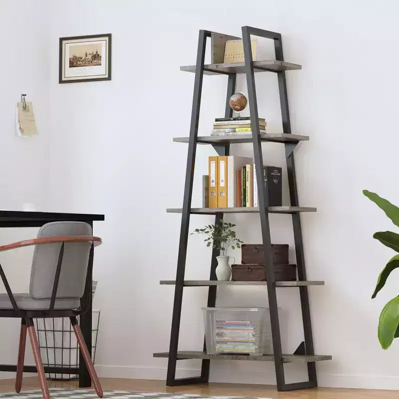 Étagère en forme de A à 5 niveaux, Bibliothèque en forme de A Étagère échelle industrielle Étagères ouvertes avec cadre métallique, Support pour plantes Salon, Bureau