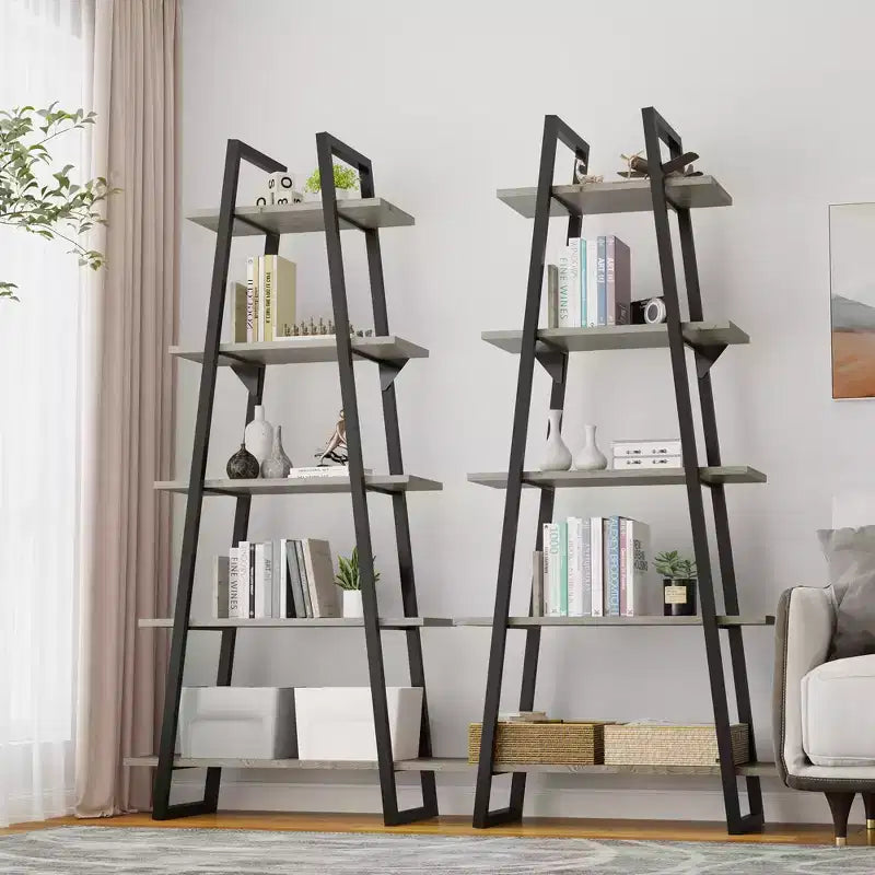 Étagère en forme de A à 5 niveaux, Bibliothèque en forme de A Étagère échelle industrielle Étagères ouvertes avec cadre métallique, Support pour plantes Salon, Bureau