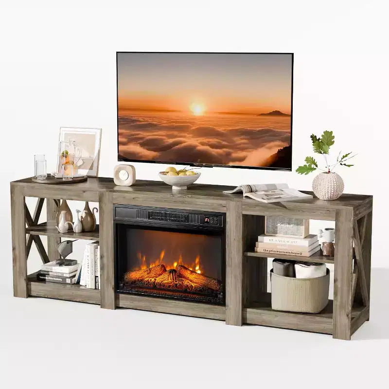 Meuble TV avec cheminée intégrée pour téléviseurs jusqu'à 80 pouces, meuble de divertissement style ferme avec cheminée électrique chauffante et étagères réglables