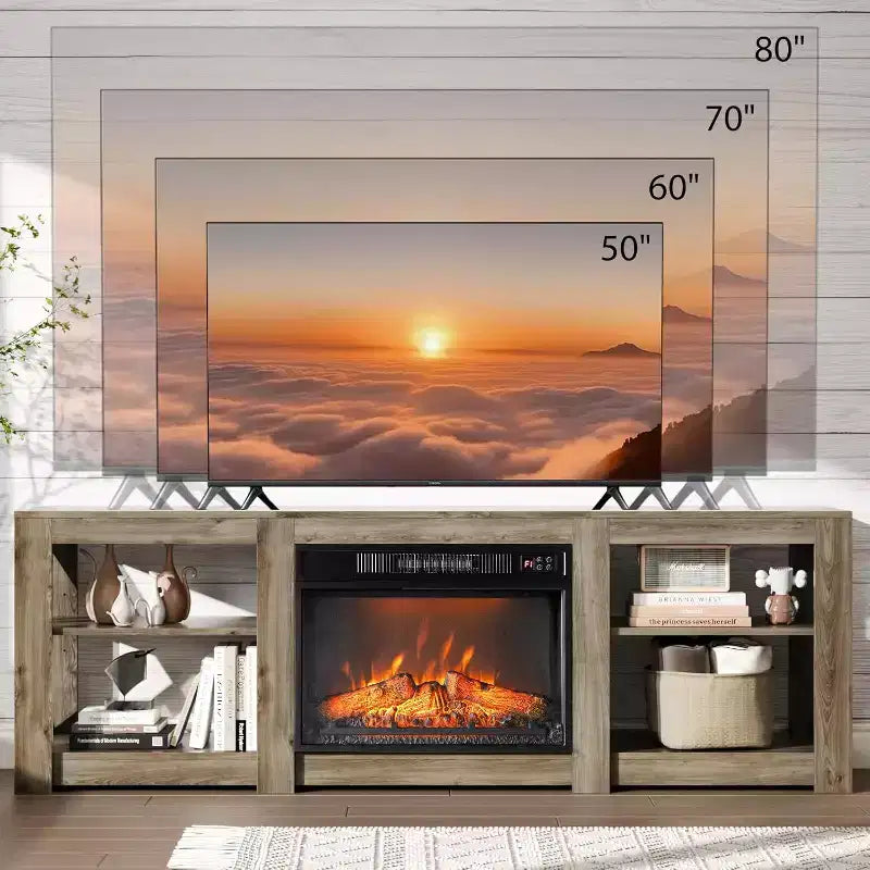 Meuble TV avec cheminée intégrée pour téléviseurs jusqu'à 80 pouces, meuble de divertissement style ferme avec cheminée électrique chauffante et étagères réglables