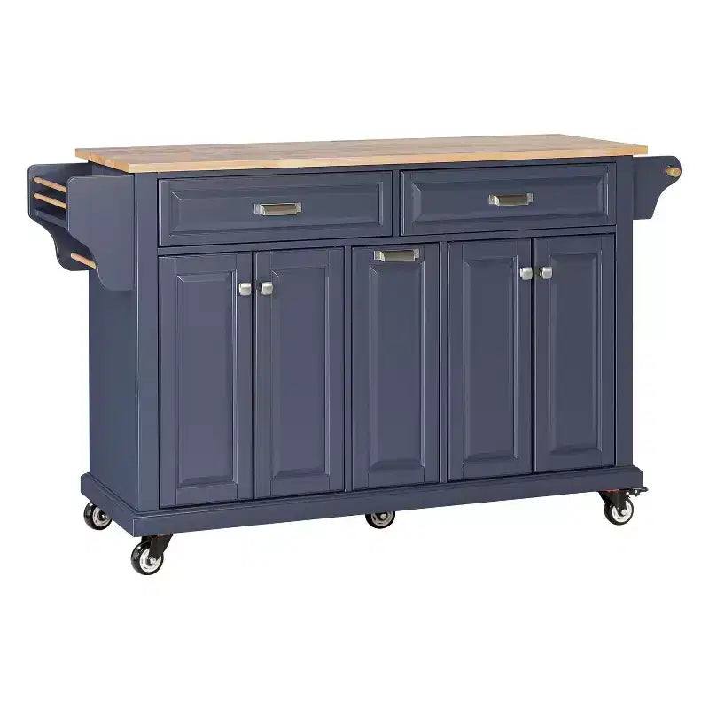 Îlot de cuisine avec rangement et plan de travail en bois d'hévéa, chariot de cuisine à 5 roues avec grand espace de rangement, organisateur de plan de travail pour salle à manger