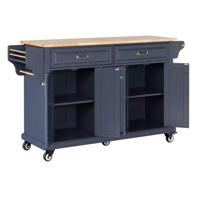 Îlot de cuisine avec rangement et plan de travail en bois d'hévéa, chariot de cuisine à 5 roues avec grand espace de rangement, organisateur de plan de travail pour salle à manger
