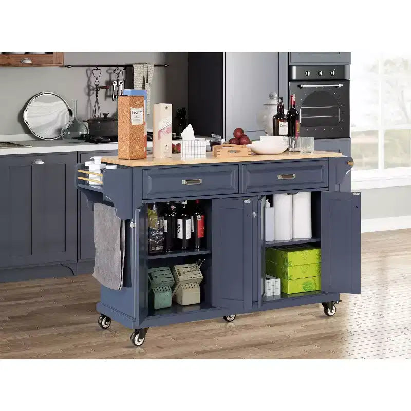 Îlot de cuisine avec rangement et plan de travail en bois d'hévéa, chariot de cuisine à 5 roues avec grand espace de rangement, organisateur de plan de travail pour salle à manger