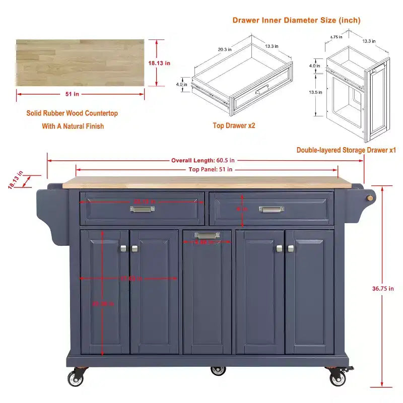 Îlot de cuisine avec rangement et plan de travail en bois d'hévéa, chariot de cuisine à 5 roues avec grand espace de rangement, organisateur de plan de travail pour salle à manger