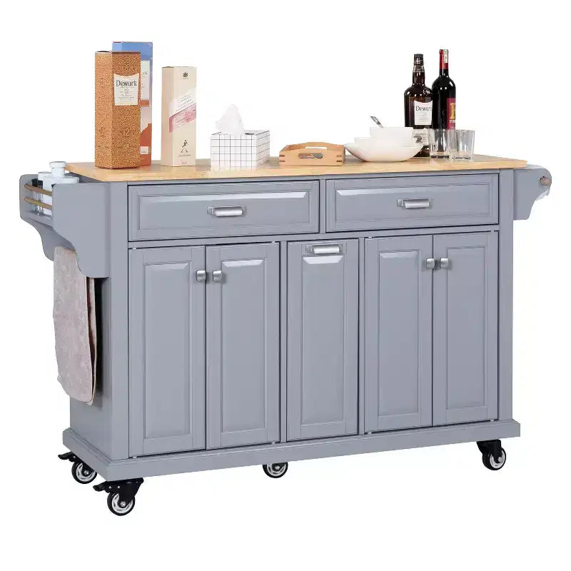 Îlot de cuisine avec rangement et plan de travail en bois d'hévéa, chariot de cuisine à 5 roues avec grand espace de rangement, organisateur de plan de travail pour salle à manger