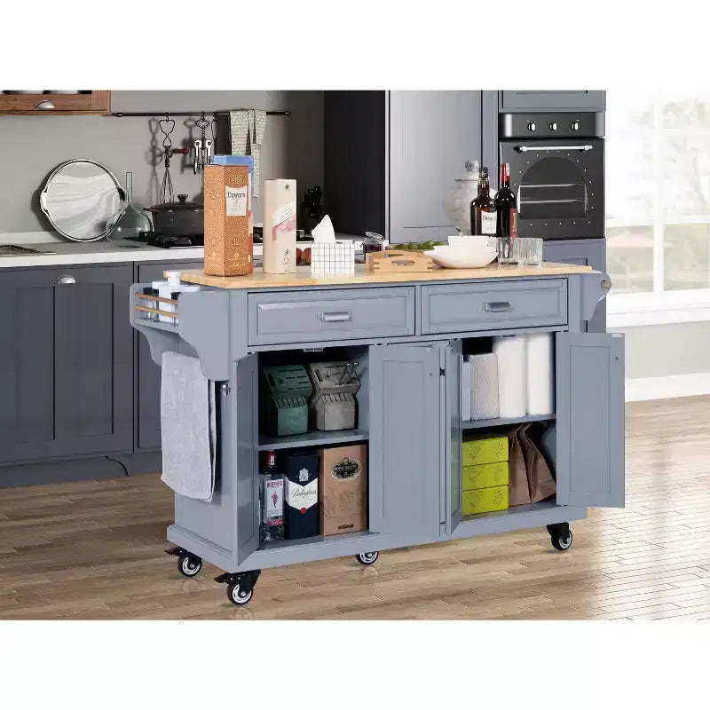 Îlot de cuisine avec rangement et plan de travail en bois d'hévéa, chariot de cuisine à 5 roues avec grand espace de rangement, organisateur de plan de travail pour salle à manger